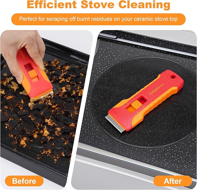 Razor Blade Scraper with 10pcs Blades and 3Pcs wire brushes,Scraper Tool for Cleaning Glass Window, Cooktop, Oven, Stove, Scraper with Buit-In Blade Storage, Upgraded Lock Mechanism, Orange