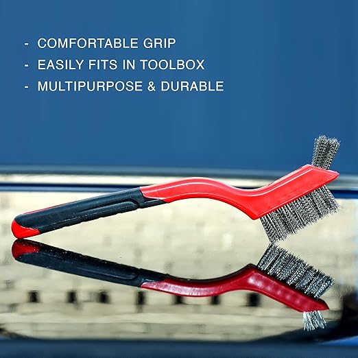 Wire Brush Set 3Pcs - Nylon/Brass/Stainless Steel Bristles with Curved Handle Grip for Rust, Dirt & Paint Scrubbing with Deep Cleaning – 7 Inches (Red)