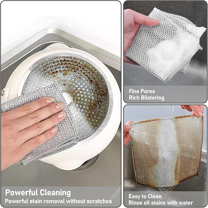 XANGNIER 8 Pcs Multipurpose Wire Dishwashing Rags,New Upgrade Non Scratch Wire Dishcloth,Steel Wool Cleaning Cloths,Multi Purpose Metal Mesh Miracle Cleaning Cloths for Kitchen,Dishes,Sink