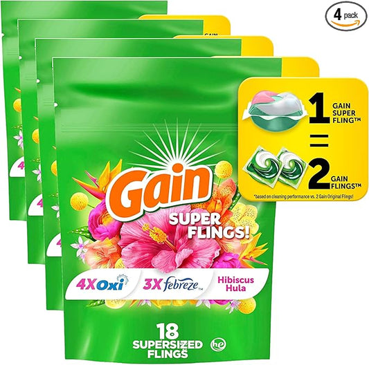 Gain Super Flings Laundry Detergent Pacs, 18 Count, Hibiscus Hula scent, irresistibly clean and fresh washing detergent laundry soap pacs (Pack of 4)