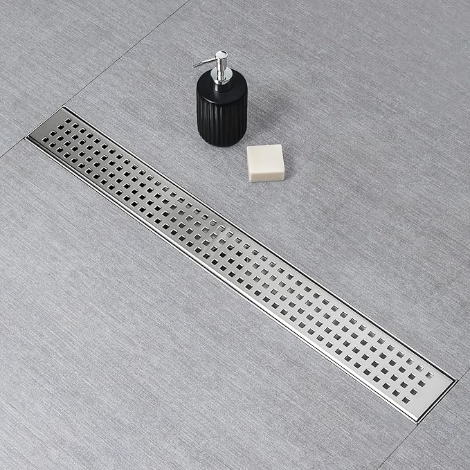 SaniteModar Shower Drain, 20 inch Linear Shower Drain with Removable Square Hole Panel, AISI 304 Stainless Steel Brushed Shower Floor Linear Drain with Adjustable Feet and Hair Strainer