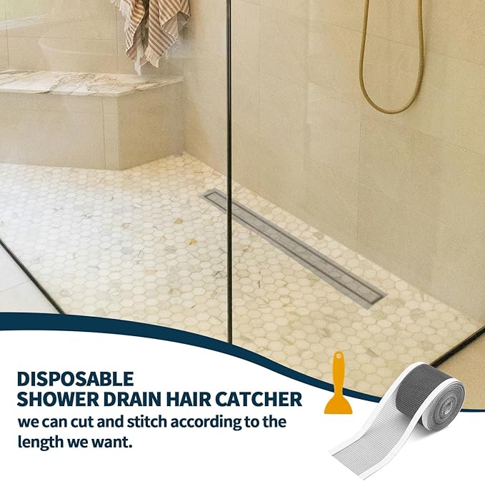 2.75 Inch x 33 FT Disposable Shower Drain Screen Self-Adhesive Stickers, with Cleaning Shovel, Showers Drain Hair Catcher, Shower Drain Mesh Stickers for Bathroom Kitchen Sink