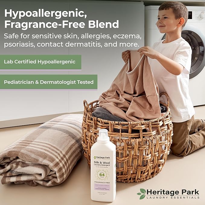 Heritage Park Silk & Wool Fragrance Free, Hypoallergenic, pH-Neutral Laundry Detergent - Dermatologist-tested, Sensitive Skin-Friendly, Enzyme-Free, Concentrated Up to 64 loads (32 fl oz)