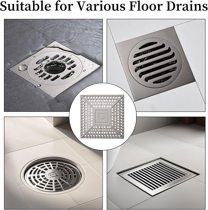 Square Silicone Shower Drain Hair Catcher - Prevents Clogs, Easy Clean & Install Bathroom Drain Cover for Shower/Tub/Sink, Fits Most Standard Drains, Grey
