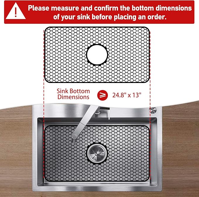 Silicone Sink Mat - 24.8''x13'' Sink Protector for Kitchen Sink with Center Drain - Kitchen Grid Accessory, Non-slip Heat Resistant Mat for Bottom of Farmhouse Stainless Steel (Center Hole)