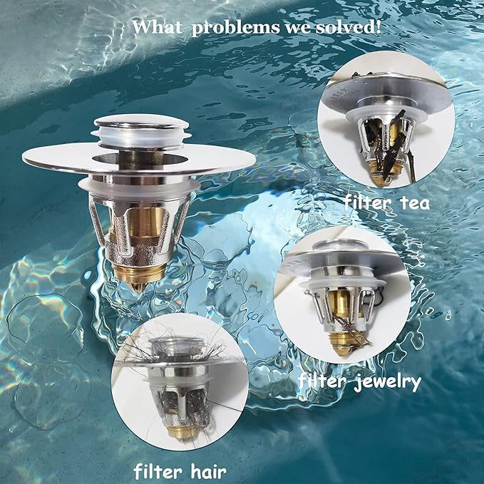 Bathroom Sink Stopper with Hair Catcher – Universal Pop-Up Drain Strainer for 1.1–1.5 inch US Standard Sink Drain Holes, Anti-Clog Basin Stopper, Silver