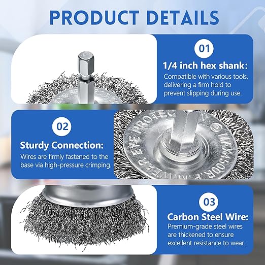 10 Pcs Drill Wire Brushes Coarse Carbon Steel Crimping Wire Wheel Cup Brushes, 1/4 Inch Hex Shank – Suitable for Rust Cleaning, Stripping & Abrasive Applications