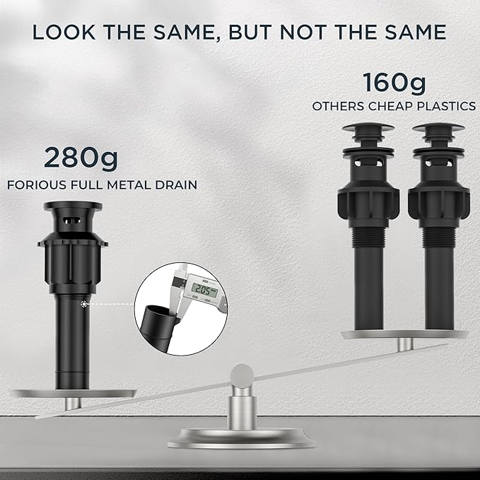 FORIOUS Bathroom Sink Drain with Overflow, Pop Up Drain Assembly with Detachable Basket Stopper, Anti-Explosion and Anti-Clogging Drain Strainer, 304 Stainless Steel, Matte Black