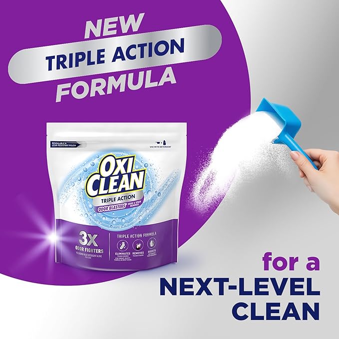 OxiClean Triple Action Odor and Stain Remover Powder, Use with Detergent, Eliminates Tough Odors and Removes Stains, Color Safe and Chlorine Free, 4 lbs