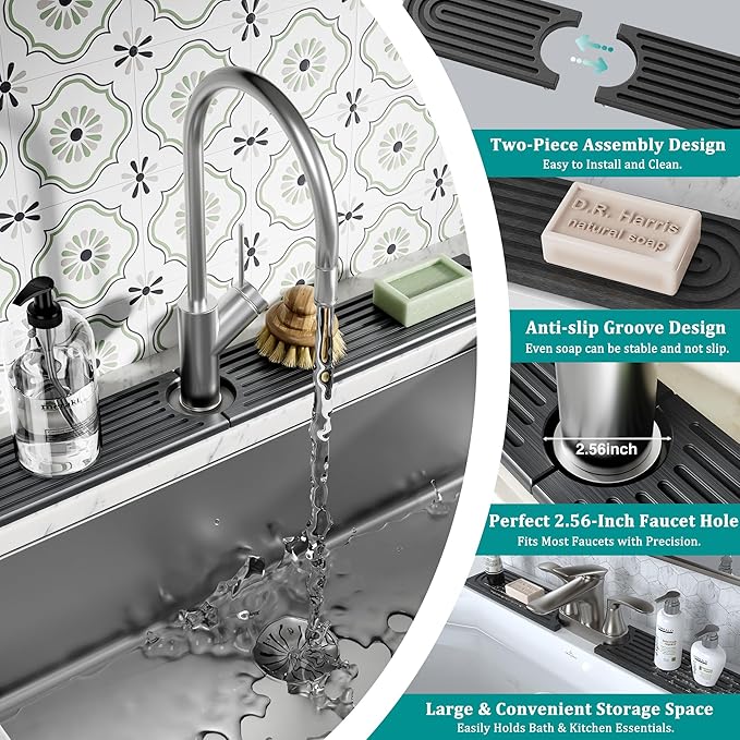 Stone Faucet Mat for Kitchen Sink - Quick Dry Diatomite Sink Splash Guard, Prevents Moisture Buildup & Water Stains, Water Absorbing Stone Tray for Bathroom Countertop (Dark Gray, 20" x 4")