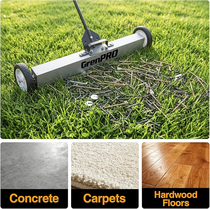 GRENPRO Magnetic Sweeper Rolling 36 Inch, 55-Pound Lawn Magnet for Nails, Magnet Sweeper with Wheels, Floor Push Sweeper with Telescoping Handle, Pick-up Nails Screws Workshop Garage ASIN B0FW4KD65Q