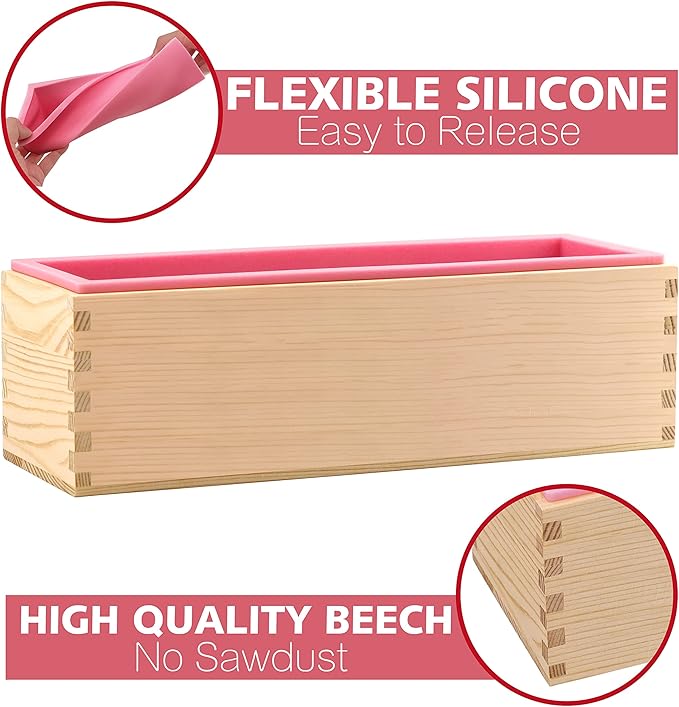 Rectangular Soap Mold Kit with Cutter- 42oz Flexible Silicone Loaf Soap Mold with Wood Box, Stainless Steel Wavy & Straight Scraper for Homemade Craft Soap Making Supplies