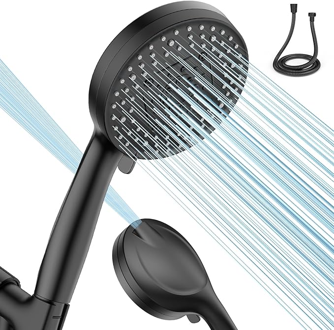 VOXON Shower Head 10 Functions, High Pressure Handheld Shower Head, Built-in 2 Power Wash Mode to Clean Corner, Non-Clogging Nozzles, Leakproof Stainless Steel Hose&Metal Bracket, Black