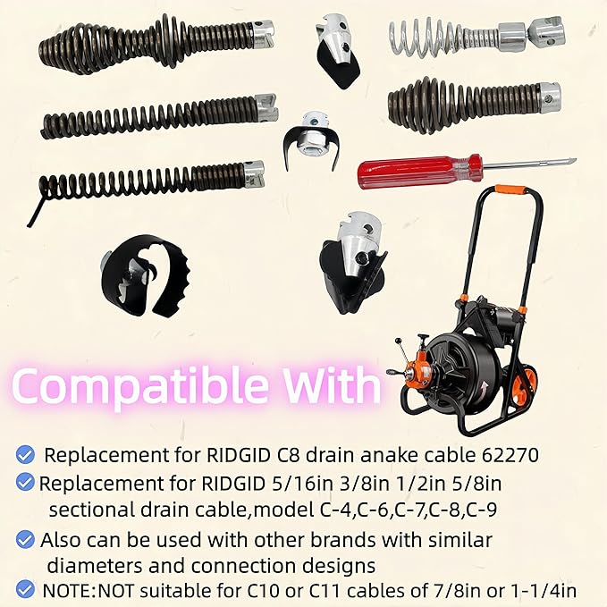 10 - Piece Drain Snake Cutter and Auger Set, High - quality, Fits for RIDGID C8 5/8" Drain Snake Cable 62270