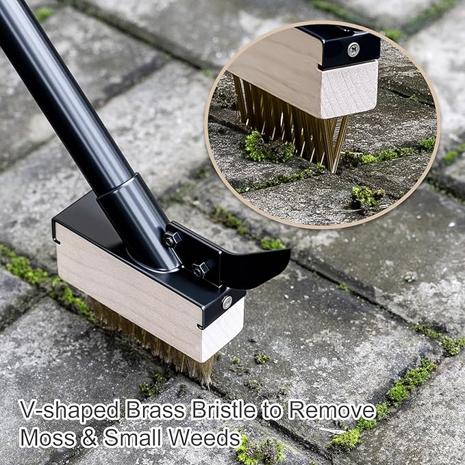 Weed Moss Remover Brush with Long Handle(50IN), Crack Weeder Moss Removal Tool with Wire Brush & Scraper, Weed Puller Crevice Cleaning, Remove Weeds on Roof Deck Driveway Paver(4 Brushes)