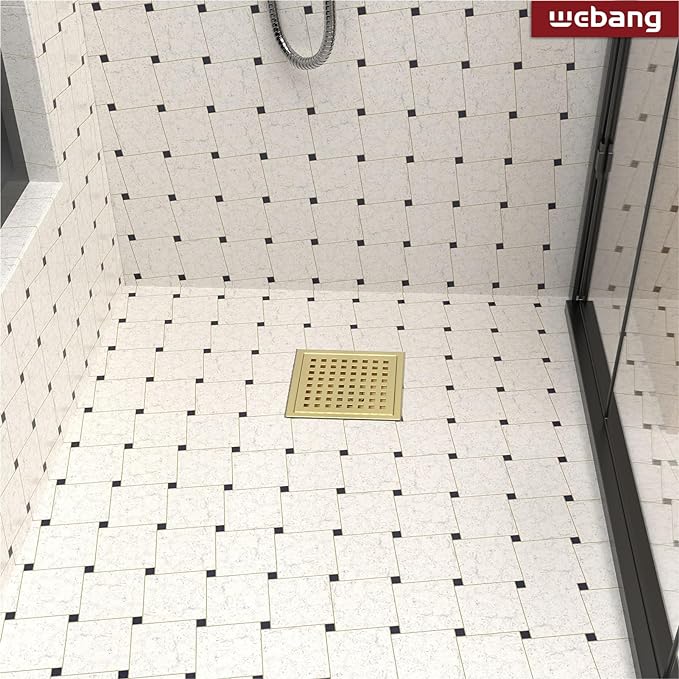 WEBANG 6 Inch Square Shower Floor Drain with Flange,Quadrato Pattern Grate Removable,Food-Grade SUS 304 Stainless Steel,Watermark&CUPC Certified, Brushed Gold
