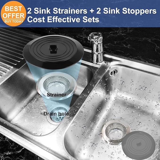V-TOP Sink Strainer Stopper 4 Pack, Universal Silicone Kitchen Sink Drain Strainer Cover Plug Stopper Kit, 4.5 Inch Stainless Steel Sink Filter Strainer, Food Catcher for Kitchen Sink