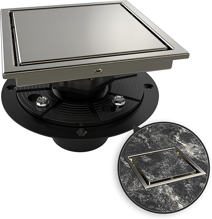 WEBANG 6 Inch Square Shower Drain Nickel Floor Drain with Flange Reversible 2-in-1 Cover Tile Insert Grate Removable SUS304 Stainless Steel CUPC Certified Brushed Nickel