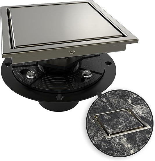 WEBANG 6 Inch Square Shower Drain Nickel Floor Drain with Flange Reversible 2-in-1 Cover Tile Insert Grate Removable SUS304 Stainless Steel CUPC Certified Brushed Nickel