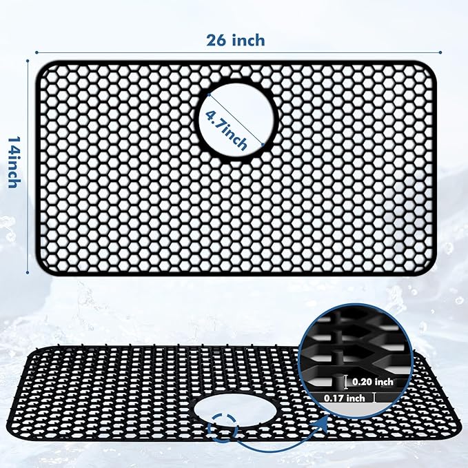 Silicone Sink Protectors for Kitchen Sink with Rear Drain - 26"x 14" Kitchen Protector Accessory, Non-Slip Heat Resistant Grid Mat for Bottom of Farmhous Stainless Steel (Rear Hole, Black)