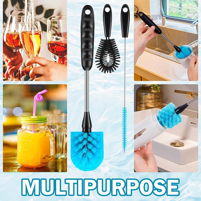 12.2 inch Bottle Brush Set of Three，Washable Coffee Cups, Water Bottles, Baby Bottles, Straws, to-go Cups, Long-Handled 3-in-1 Stainless Steel Bottle Brushes. (Black)