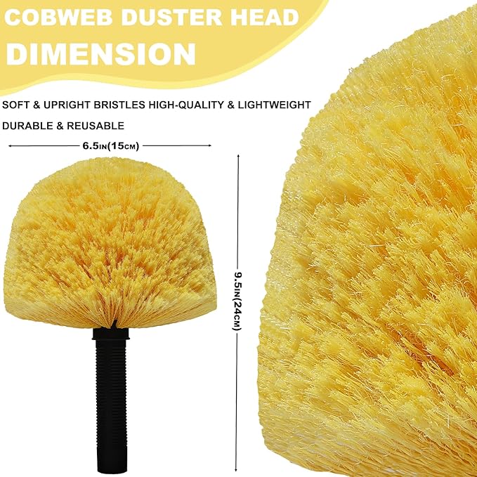 2 Pack Twist-On Cobweb Duster Head Brush - Efficient Indoor & Outdoor Spider Web Cleaning Solution - Fits Standard Acme Threaded Poles - Duster Brush Head Only - Yellow