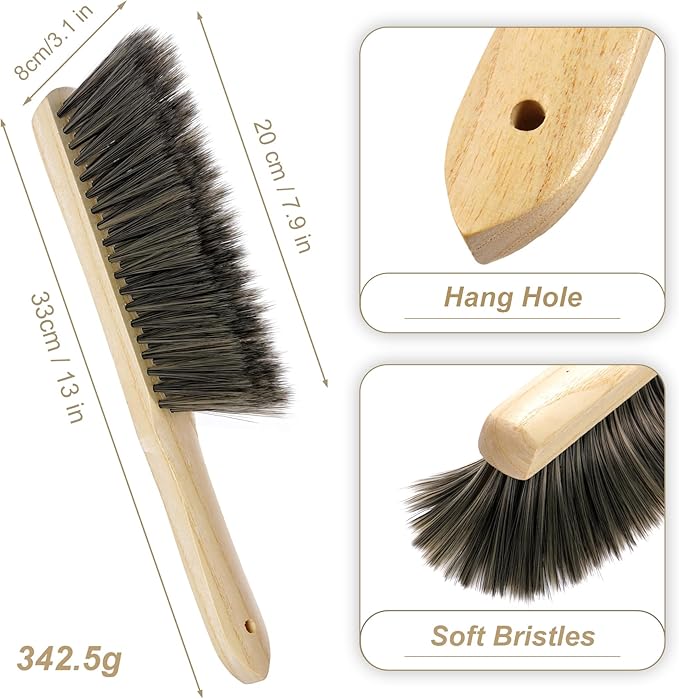 Rbenxia 2 Pieces Wooden Handle Bench Brushes Horse Hair Brushes Soft Bristles Dust Brush Household Cleaning Brushes for Fireplace, Sofa, Furniture, Workshop Woodworking (Gray)