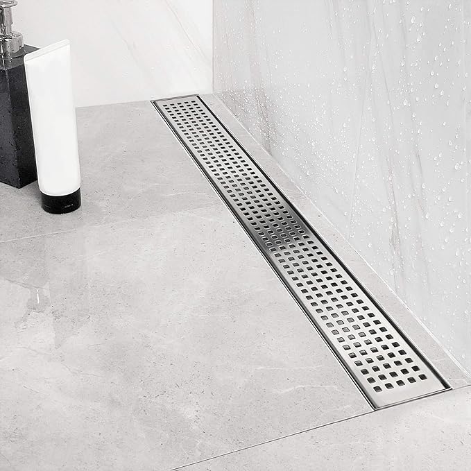 Neodrain 48-Inch Linear Shower Drain with Removable Quadrato Pattern Grate,Brushed 304 Stainless Steel Rectangle Shower Floor Drainr, Linear Drain with Leveling Feet,Hair Strainer