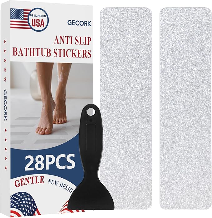 28 PCS Shower Floor Non Slip Stickers with Strong Adhesive, Invisible & Durable Anti Slip Shower Stickers with Scraper for Bath Tub, Pools and Stairs(Clear,Wide Rectangle)