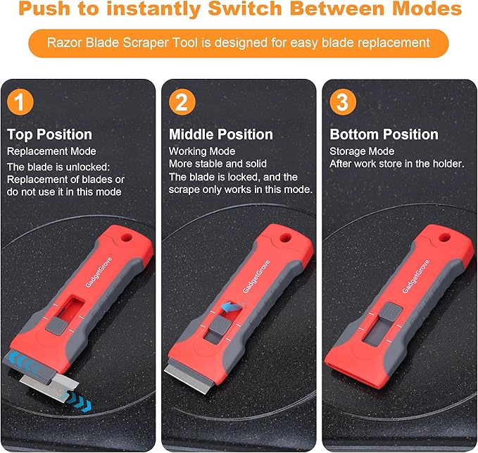 Razor Blade Scraper with 10pcs Blades and 3Pcs wire brushes,Scraper Tool for Cleaning Glass Window, Cooktop, Oven, Stove Scraper, Scraper with Buit-In Blade Storage, Upgraded Lock Mechanism,Gray