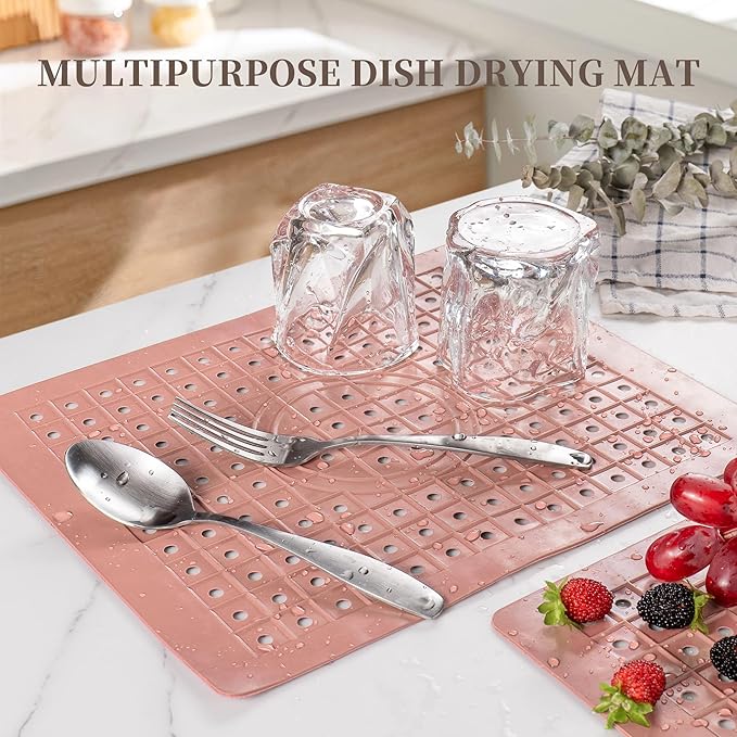 WILLKOMMEN Kitchen Sink Mat, 12" x 10" Rectangular Sink Protector Pad, Fast-Draining Grid Design Liner, Dish Drying Mat , 2 Pack Pink