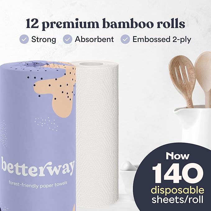 Betterway Bamboo Paper Towels 12 Pack - Non Toxic, Eco Friendly, PFAS Free - 140 Sheets/Roll, 2-Ply, No Plastic, No Dyes, Compostable, Sustainable, Strong & Absorbent, FSC Certified, Natural, White