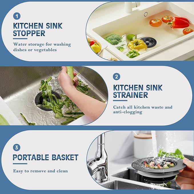 Kitchen Sink Drain Strainer 3 Pack, 304 Stainless Steel Pop Up Sink Stopper, Anti-Clogging Sink Drain Strainer for US Standard Kitchen Drain (Matte Black)