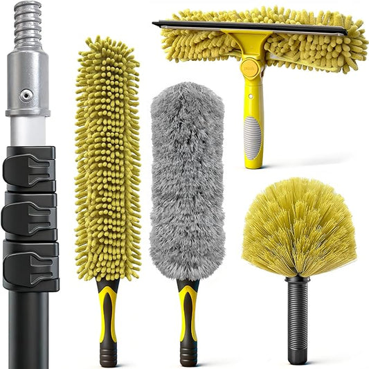 4-12Ft Telescoping Extension Pole Kit, 5-in-1 High Reach Duster with Chenille Window Squeegee Microfiber Feather Cobweb Duster for Ceiling Wall Hard-to-Reach Indoor & Outdoor Cleaning Yellow