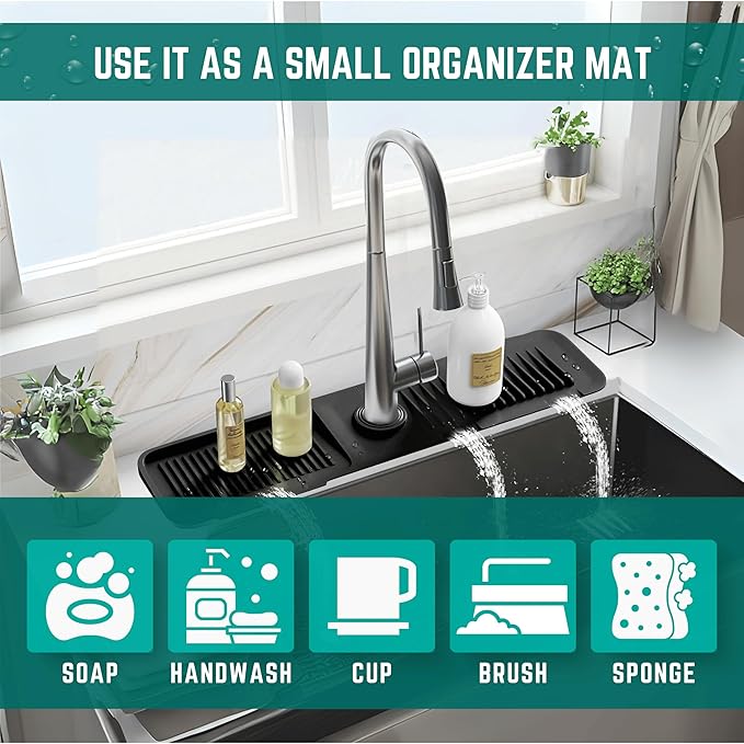 Faucet Mat for Kitchen Sink - Kitchen Sink Splash Guard with FREE Rubber Drain Insert - 18 Inch Faucet Guard Draining Mat, Faucet Mat Dish Soap Sponge Holder for Kitchen Sink Accessories