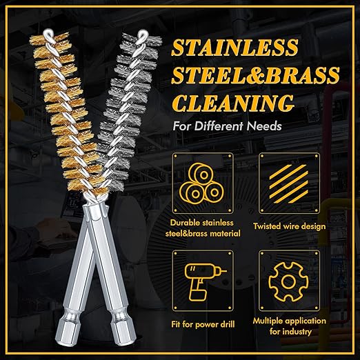 12 Pieces Bore Brush for Drill Wire Bore Brush Set Wire Cleaning Set Stainless Steel Cleaning for Power Drill Impact Driver (Stainless Steel,Brass)