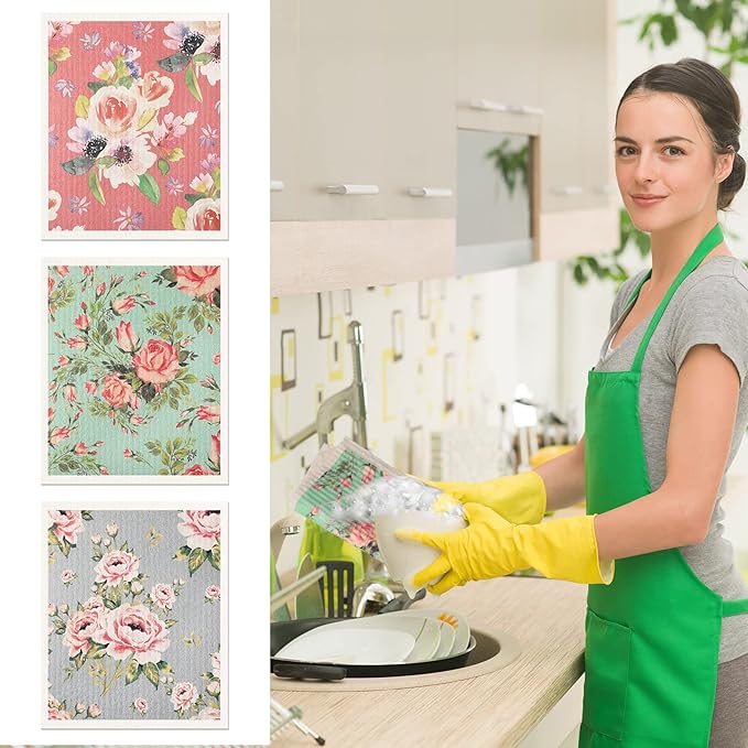 Chengu 6 Pcs Swedish Kitchen Dish Cloths, Absorbent Quick Drying Reusable Cleaning Cloths, Small Flower Pattern Dish Towels for Kitchen Counter, Sink, and Washing Dishes