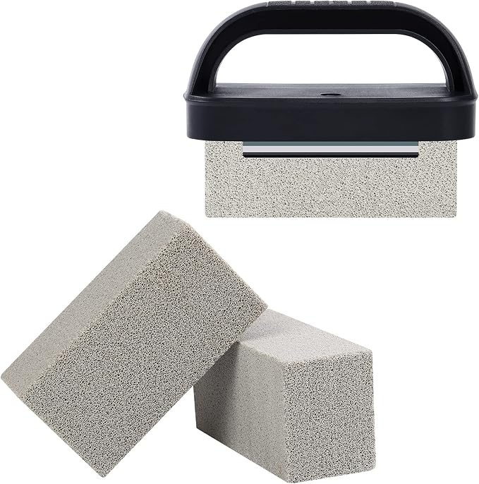 Blackstone Griddle Cleaning Brick Block Heavy Duty Grill Cleaning Stone Bricks Non Scratch Flat Top Seasoning Stone Griddle Scrubber Cleaner Remove Greases Stains Residue -3 Pack with Handle