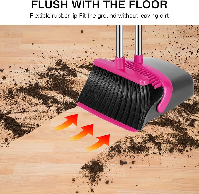 NACENA Broom and Dustpan Set, 52-in Long Adjustable Handle Broom Dustpan Combo with Dustpan Teeth to Automatically Clean Hair Suitable for Home Kitchen Office Hall Floor (Grey&Rose), 4 Pack