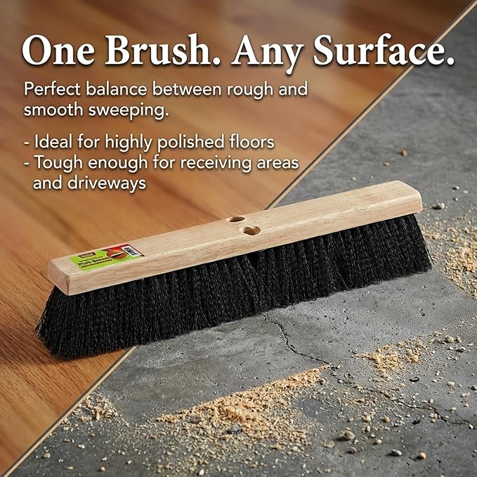 Black Indoor Push Broom Head – Heavy Duty Hardwood Block – Polypropylene Bristles – Deck Scrub Brush – Two Threaded Handle Holes for Better Assist (16")