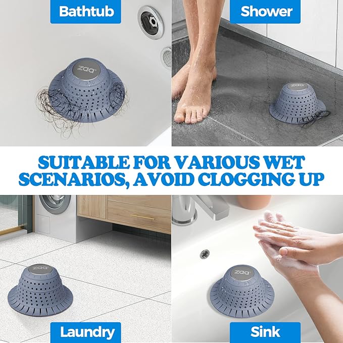 zaa Bathtub Drain Hair Catcher, Premium Silicone Collapsible One Pack Drain Protector for Pop-Up and Regular Drains of Shower, Bathtub, Tub, Bathroom, Sink, Light Blue