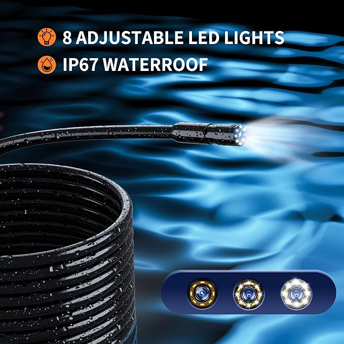 Daxiongmao Endoscope Camera with Light, 1080P HD Borescope with 8 Adjustable Lights, IP67 Waterproof Snake Camera, Ideal for Inspecting Walls, Vents, Automotive Engines, Pipes - Tool for Men (16.4 ft)