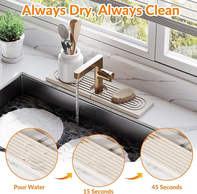 15.7 Inch Stone Faucet Mat for Kitchen Sink Splash Guard, Diatomite Sink Protectors for Kitchen Sinks Behind Faucet, Quick Dry Water Absorbing Stone Tray , Drip Catcher (White, 15.7" x 3.9")