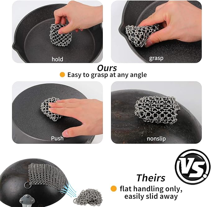 Herda Cast Iron Scrubber Tool Kit,2Pack Cast Iron Skillet Cleaner Cleaning Care Kit 316 Chain Mail Scrubber, Steel Skillet Brush Plastic Pan Scraper Set for Grill Griddle Pot Dish Food