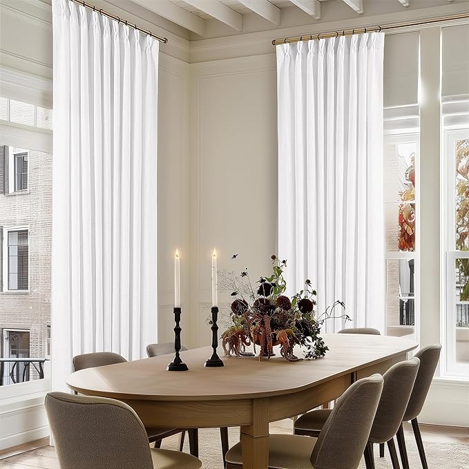Pleated Linen Curtains 120 Inches Long 60 Inch Width Extra Wide for Living Room Bedroom White Semi Sheer 120 Inch Length Back Tab Hooks Rings Pinch Pleat Curtains for Patio Glass Door 1 Panel
