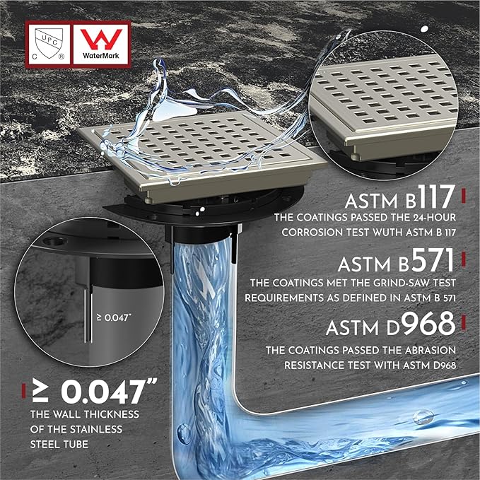 WEBANG 6 Inch Square Shower Floor Drain with Flange,Quadrato Pattern Grate Removable,Food-Grade SUS 304 Stainless Steel,Watermark&CUPC Certified,Brushed Nickel