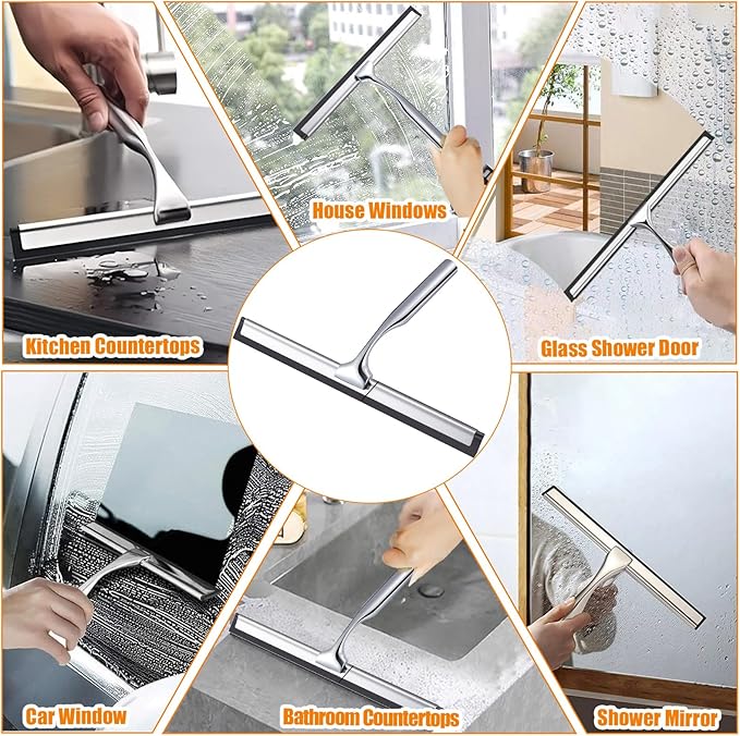 25 cm Stainless Steel Household Squeegee, Anti-Rust Handle Water Squeegee with Silicone Hook, No Drilling, Bathroom Window Scraper for Cleaning Glass Doors, Kitchen, Mirror, Tiles