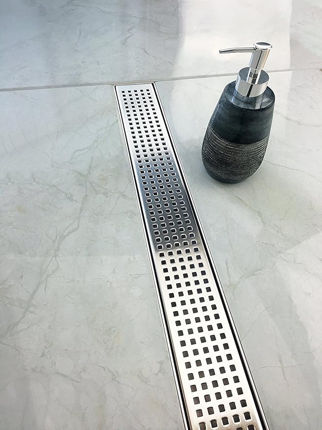 Neodrain 32-Inch Linear Shower Drain with Removable Quadrato Pattern Grate, Brushed 304 Stainless Steel Rectangle Shower Floor Drain, Linear Drain with Leveling Feet,Hair Strainer