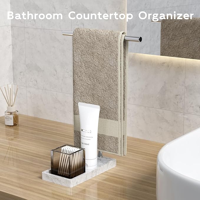 Volnamal Hand Towel Holder for Bathroom, 2-in-1 T-Shape Towel Stand with Countertop Tray, Hand Towel Rack Standing for Counter Top, Vanity, Kitchen, Heavy Non-Tipping Holder - Silver