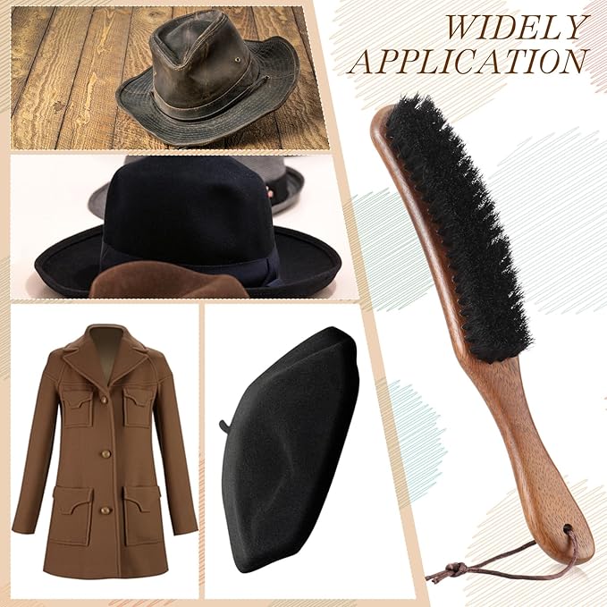 Patelai 2 Pcs Horsehair Felt Hat Brush Kit Lint Brush with Cleaning Sponge Felt Cowboy Hat Remover Kit Remove Dust Lint Brushes for Clothes Western Hats, Shoes(Walnut Color,Walnut)